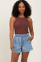 Light Blue Chambray Smocked Drawstring Waist Shorts