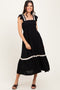 Black Smocked Lace Detail Midi Dress