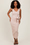 Beige Sleeveless Ribbed Belted Midi Maternity Dress