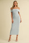 Light Blue Rib Knit Off Shoulder Fitted Midi Dress