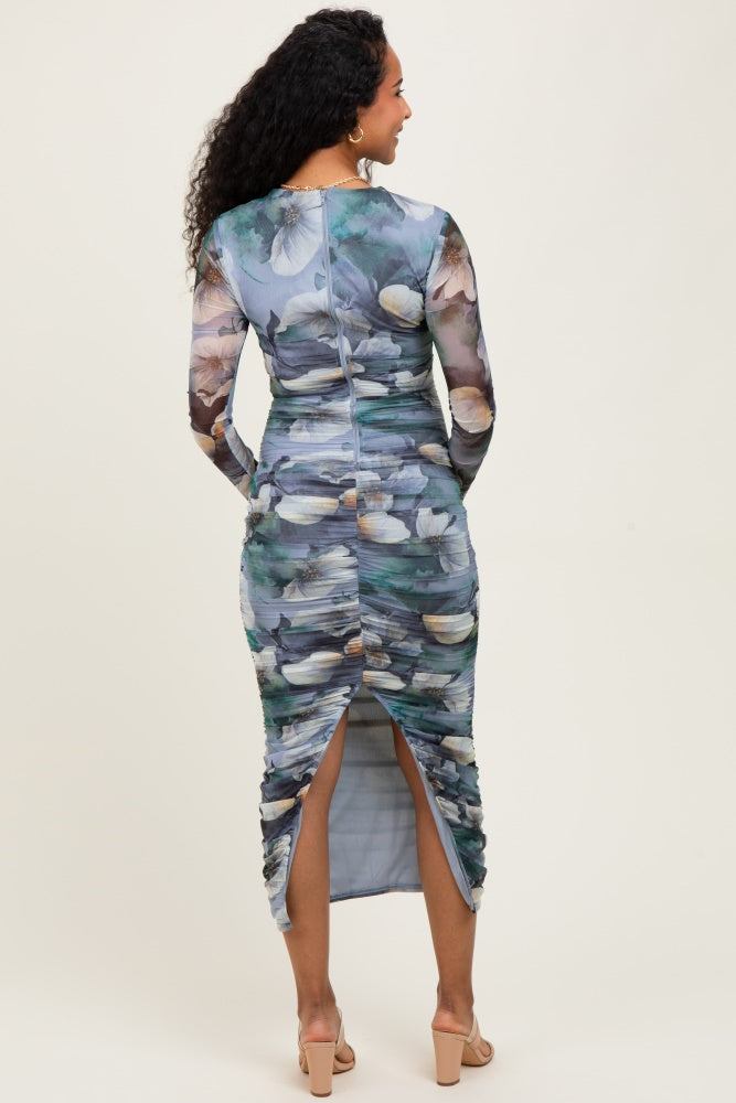 Camilladress Mesh Overlay Ruched Floral Bodycon Midi Cami Dress