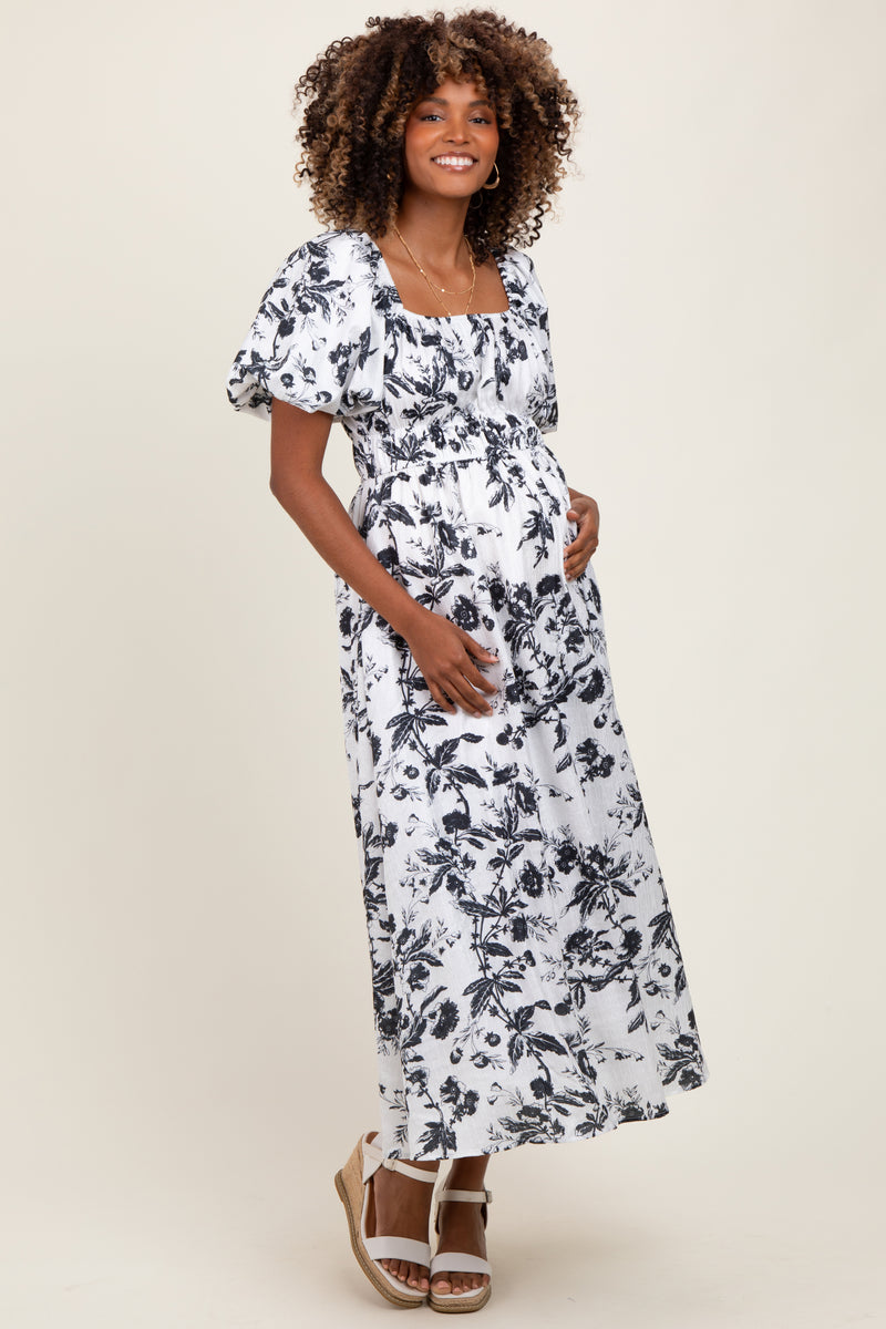 Cream Floral Smocked Maternity Midi Dress