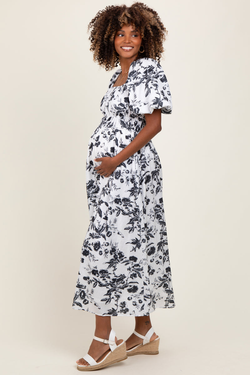 Ivory Striped Linen Smocked Short Puff Sleeve Maternity Midi Dress