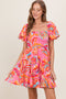 Pink Printed Smocked Puff Sleeve Mini Dress
