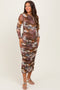 Brown Floral Mesh Overlay Ruched Maternity Midi Dress