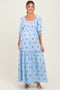 Light Blue Floral Smocked Puff Sleeve Maternity Maxi Dress