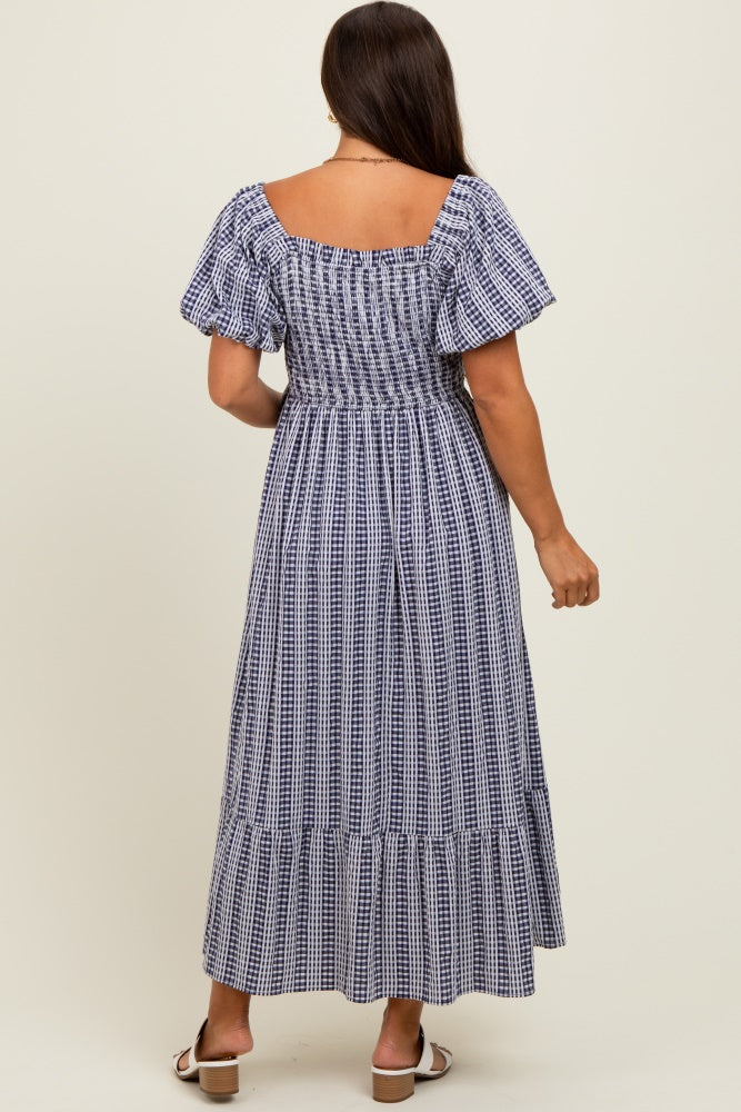 Blue Wavy Trim Puff Sleeve Maternity Midi Dress