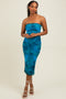 Turquoise Mesh Abstract Print Strapless Midi Dress