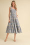 Denim Floral Smocked Ruffled Lace Trim Midi Dress