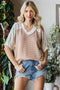 Beige Lace Inset V-Neck Short Sleeve Top