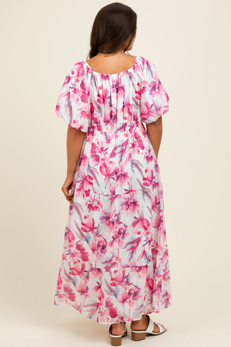 Pink Floral Puff Sleeve Maternity Plus Maxi Dress