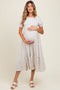 Cream/Taupe Striped Short Sleeve Tiered Maternity Maxi Dress