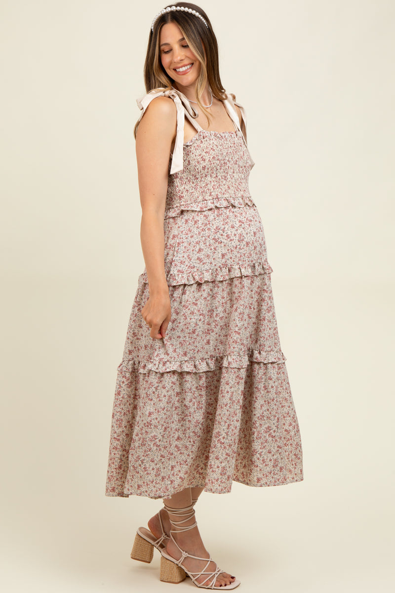 Pink Striped Shoulder Tie Tiered Maternity Midi Dress main image 1