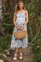 Ivory/Blue Leaf Printed Contrast Piping Detail Maternity Midi Dress