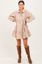 Tan Floral Print Shirring Half Buttoned Shirt Dress