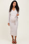 Beige Solid Brushed Rib Long Sleeve V-Neck Fitted Maternity Midi Dress