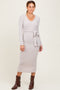 Beige Solid Brushed RibLong Sleeve V-Neck Fitted Midi Dress