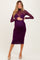 woman wearing a long sleeve purple maternity dress with a fitted silhouette and sheer top, holding her baby bump