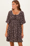 Brown Floral Square Neck Bubble Sleeve Dress