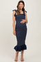 Navy Striped Smocked Shoulder Tie Maternity Mid Dress