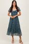 Deep Teal Floral Lace Overlay Puff Sleeve Midi Dress