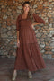 Brown Floral Smocked Puff Sleeve Maternity Maxi Dress