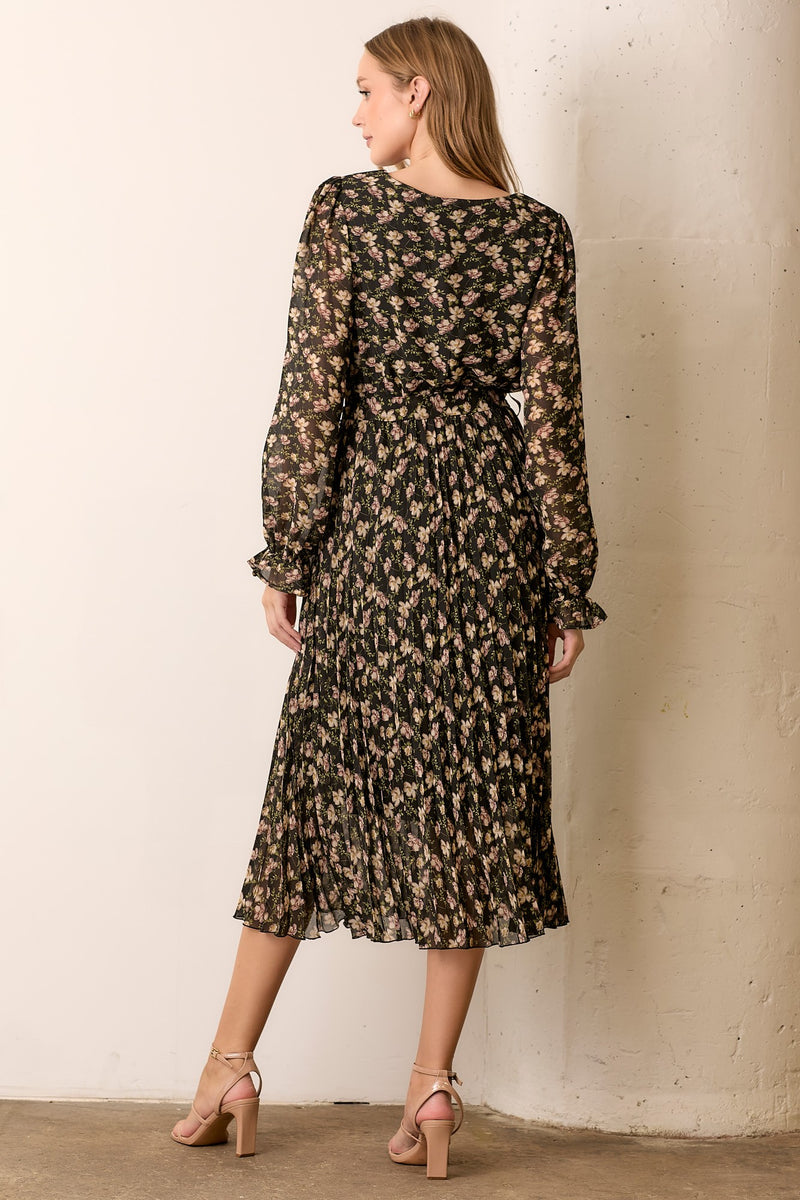 Black Floral Pleated Midi Dress