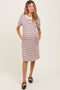 Burgundy Striped Puff Sleeve Maternity Midi T-Shirt Dress