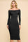 woman wearing a black off-the-shoulder long sleeve bodycon dress with ruched details