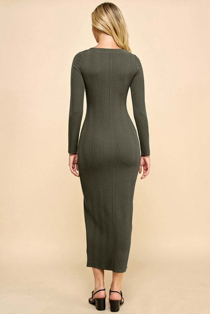 Slit Plaid Tie Neck Long Sleeve Maxi Dress
