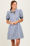 Navy Blue Striped Puff Sleeve Mini Shirt Dress