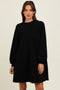 Black Ribbed Mock Neck Bubble Sleeve Dress