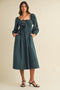 Forest Green Bow Detail Smocked Midi Dress