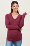 Burgundy Fine Rib V-Neck Maternity Long Sleeve Top