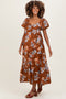 Brown Floral Sweetheart Puff Sleeve Maternity Midi Dress