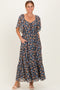 Navy Floral Sweetheart Neck Flutter Sleeve Maxi Dress