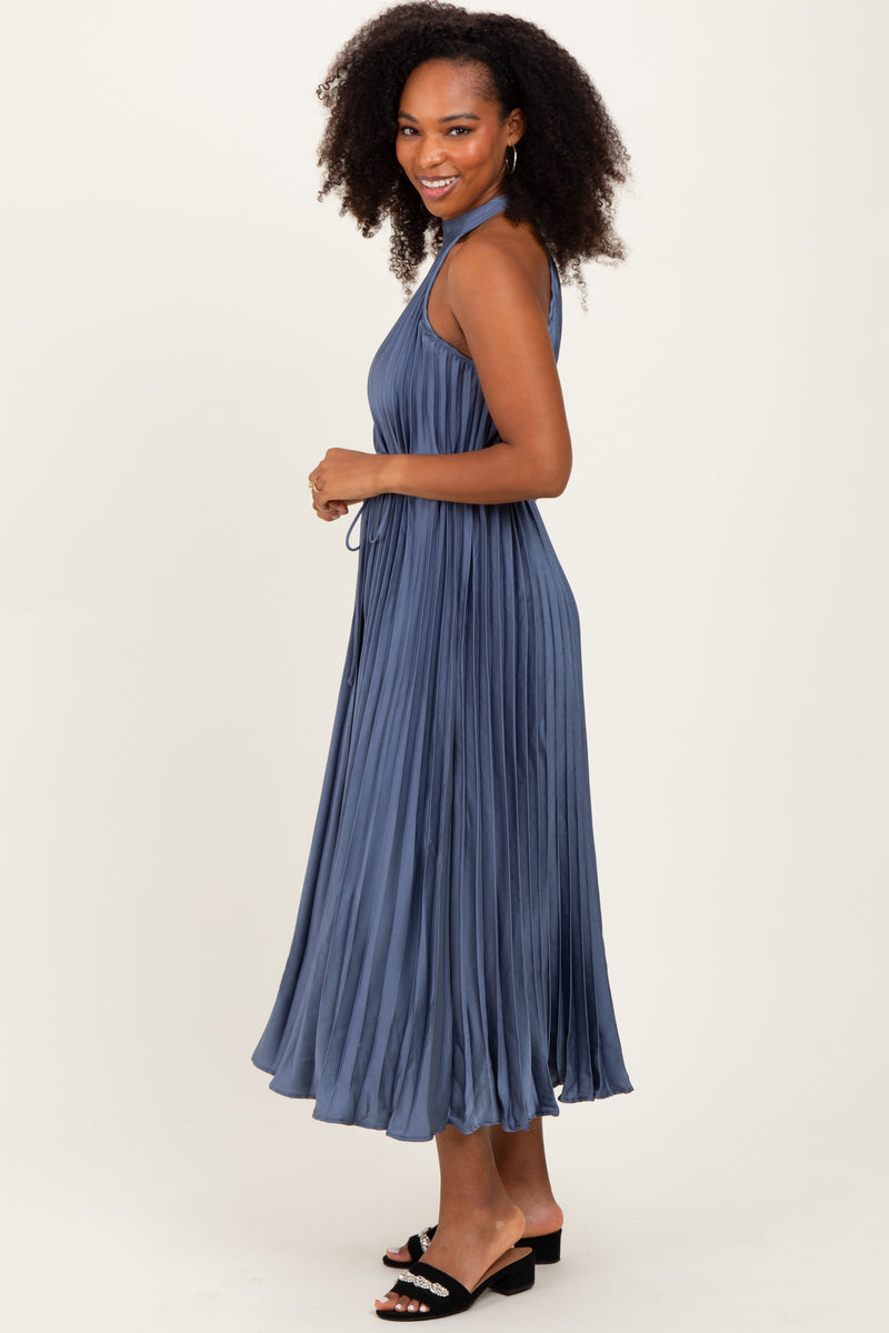 Navy Blue Pleated Halter Dress – PinkBlush