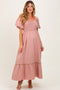 Mauve Plaid Smocked Puff Sleeve Maternity Maxi Dress
