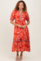 Red Floral Contrast Trim Midi Dress