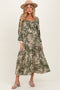 Olive Floral Smocked 3/4 Sleeve Maternity Midi Dress