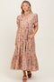 Camel Floral Tiered Puff Sleeve Midi Dress
