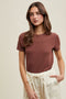 Brown Ribbed Short Sleeve Curved Hem Top