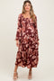 Burgundy Floral Smocked Long Sleeve Maternity Midi Dress