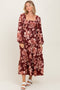 Burgundy Floral Smocked Long Sleeve Midi Dress