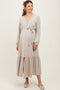 Beige Elegant Long Sleeve Waist Tie Maternity Midi Dress