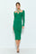 woman wearing a green ribbed midi dress with long sleeves and cut-out detailing at the neckline