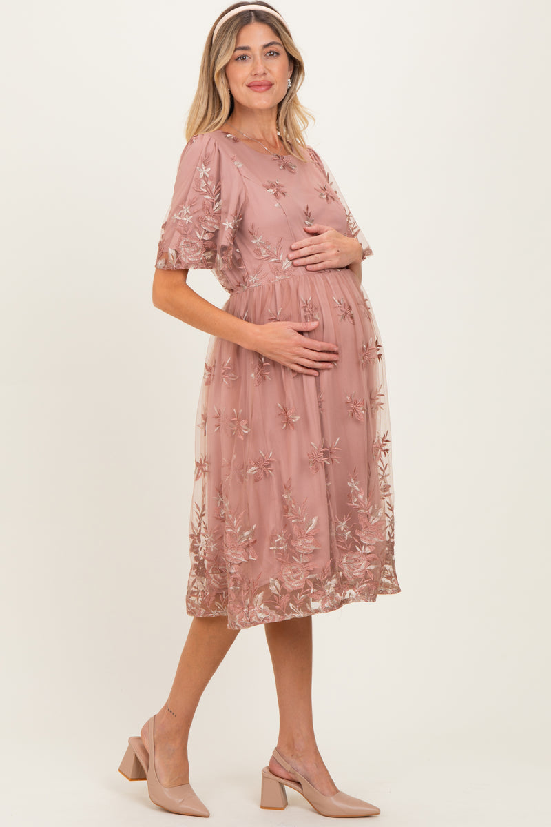 Light Pink Floral Embroidered Mesh Maternity Midi Dress – PinkBlush