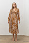 Camel Floral Twist Front Long Sleeve Midi Dress