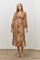 Camel Floral Twist Front Long Sleeve Midi Dress