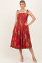 Rust Floral Scallop Edge Shoulder Tie Midi Dress